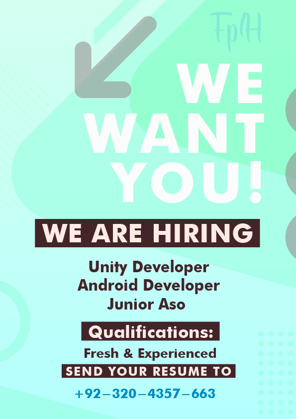 WE ARE HIRING !!!!!
Unity Developer
Android Developer
Junior Aos
Qualifications:
Fresh &amp; Experienced
Location: Lahore

Interested candidates may send their resumes at +92-320-4357663
#developer #developerjobs #unity #android #ASO #3d #2D #fresh #experience #fph #hub #project