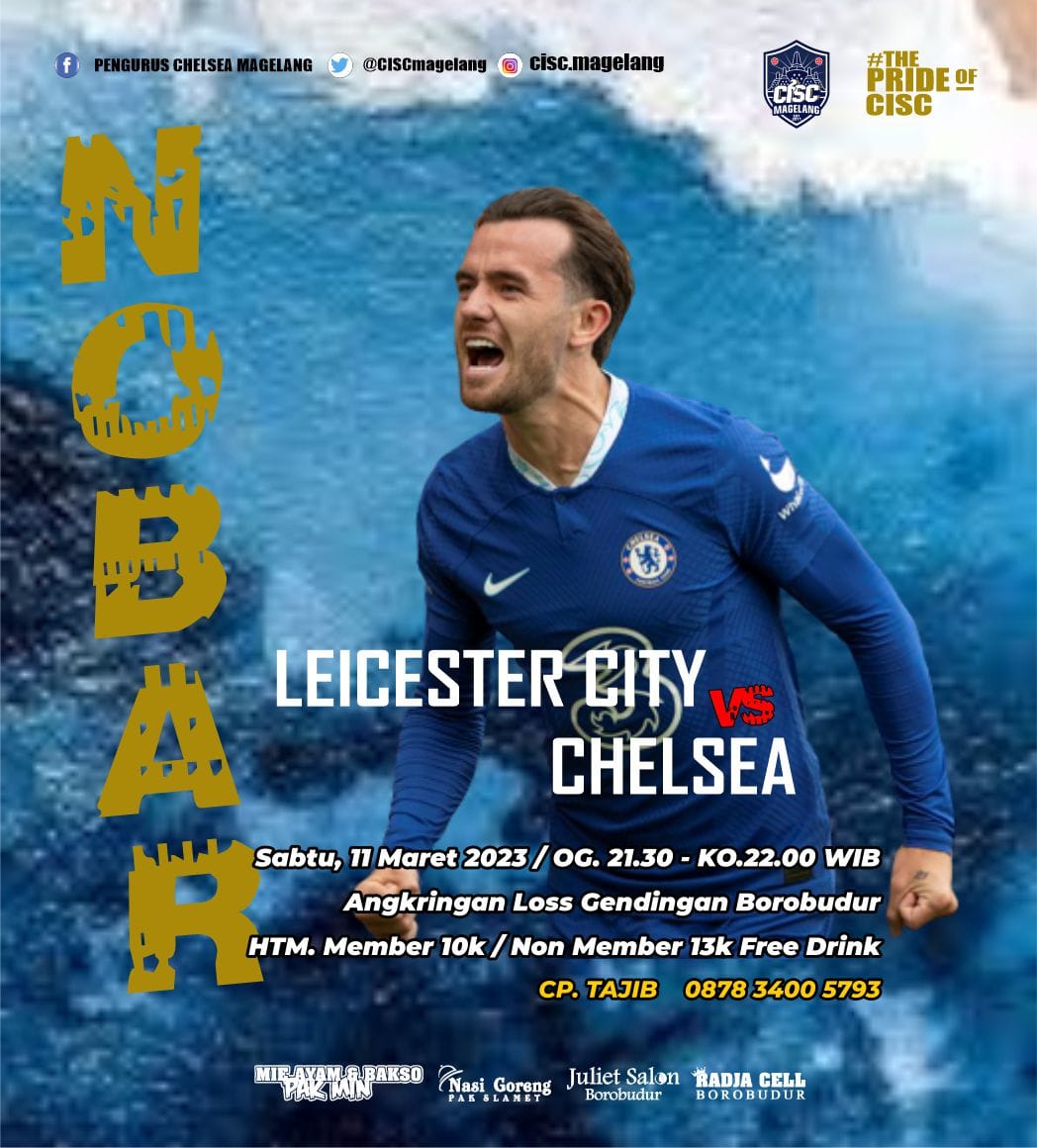 *Nobar Is Back*

🏆 .. Epl GameWeek 27
⚽ .. Leicester City vş çђęlşęā 
🏟 .. King Power Stadium
📆 .. Sabtu, 11 Maret 2023
🕐 .. KO 22:00 WIB 
⏰ .. Open Gate 21:30 WIB
🎬 .. Video.com

Veneu : Angkringan Loss Gendingan Borobudur 
HTM : Member 10K / Non Member 13K