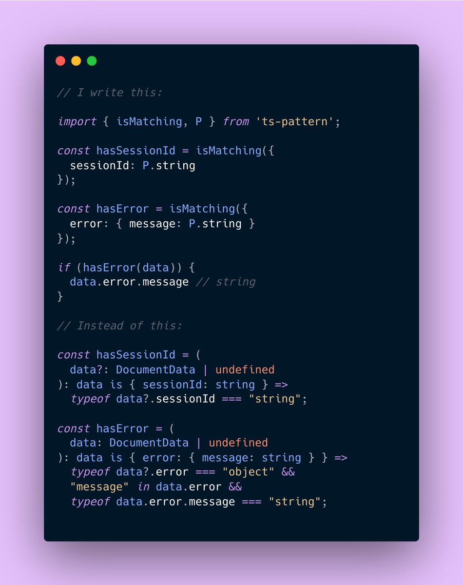 GabrielVergnaud's tweet photo. TypeScript Tip 👇

Writing  _type guard functions_ by hand  is cumbersome and unsafe. 

Consider using TS-Pattern instead, it's terser, safer and narrows types for you: https://t.co/nrnIGGG0AQ