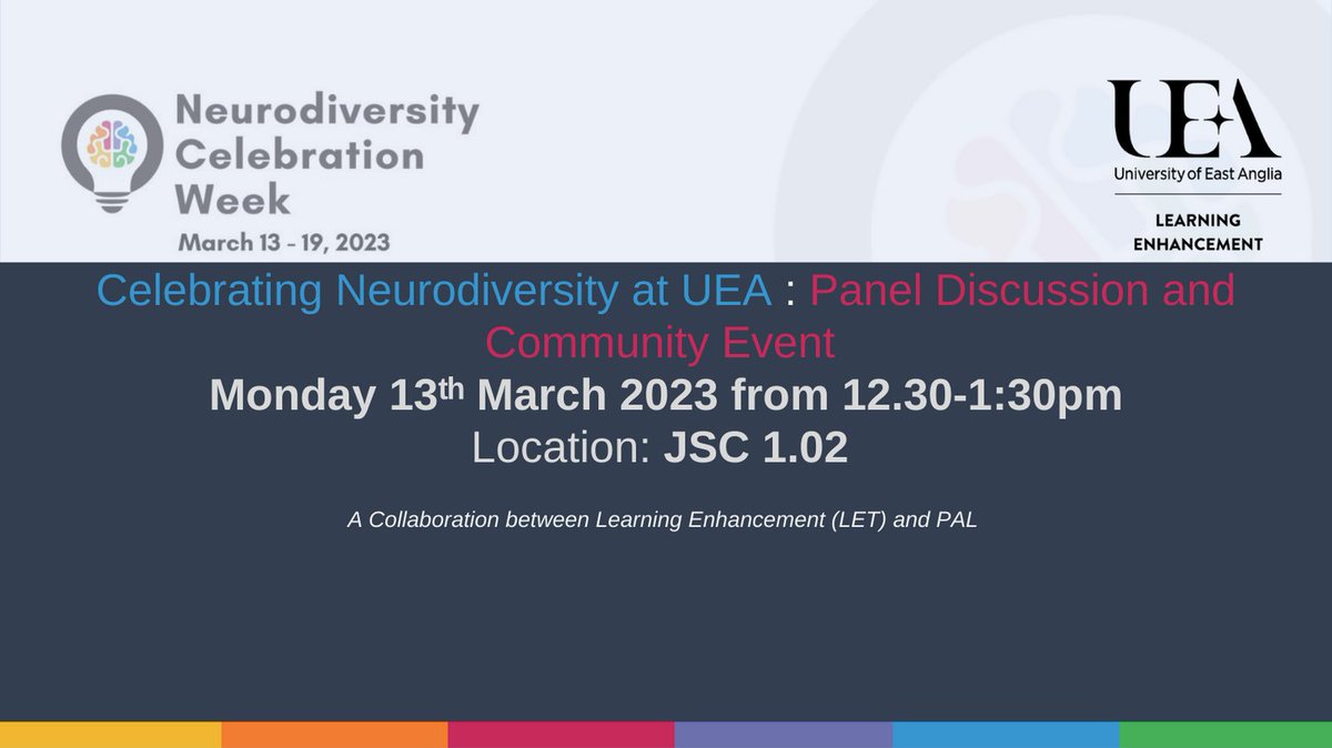 UEA Study Advice (@uealearn) on Twitter photo #ThisIsND at UEA, the support available & strategies for studying. Guest speakers from across the uni include @sts_uea @UnionUEA, representatives from <a href="/UEAstudents/">UEA Students</a> & PAL, SpLD tutor & Advisor from LET. '
Arrive when you do, leave when you want'
#LETevents <a href="/NCWeek/">Neurodiversity Celebration Week</a> #ThisIsND at UEA, the support available & strategies for studying. Guest speakers from across the uni include @sts_uea @UnionUEA, representatives from <a href="/UEAstudents/">UEA Students</a> & PAL, SpLD tutor & Advisor from LET. '
Arrive when you do, leave when you want'
#LETevents <a href="/NCWeek/">Neurodiversity Celebration Week</a>