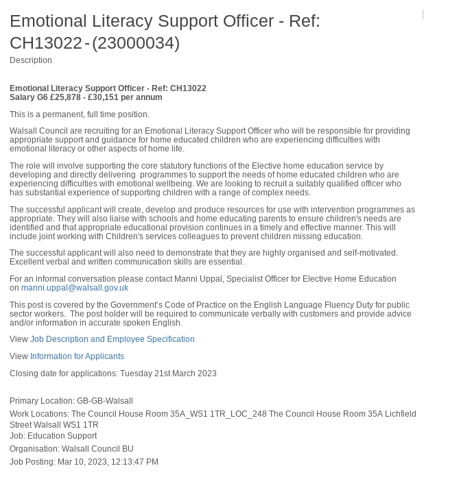 edyourself's tweet photo. Not seen anything like this before, presumably putting in place because of opting to home educate due to anxiety? Walsall home education job https://t.co/TVgRbptDA6 https://t.co/8rt86U2bae