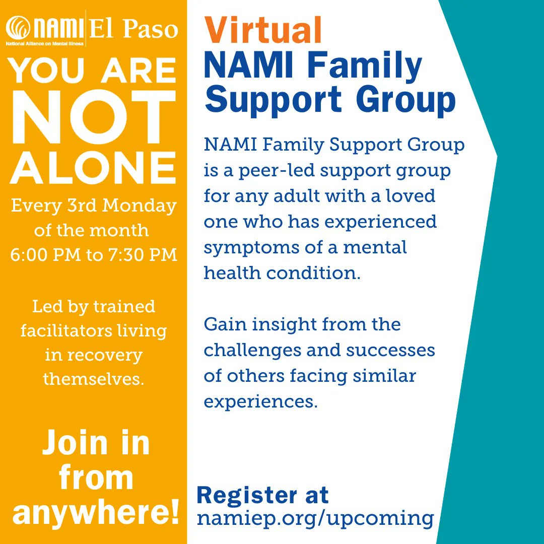 🧠 Will you help us share our support groups with your friends? 

🔥 NAMI El Paso offer TWO TYPES! One for individuals affected by mental health conditions and another for family members who care for loved ones who have a mental health condition. 

📲 namiep.org/upcoming