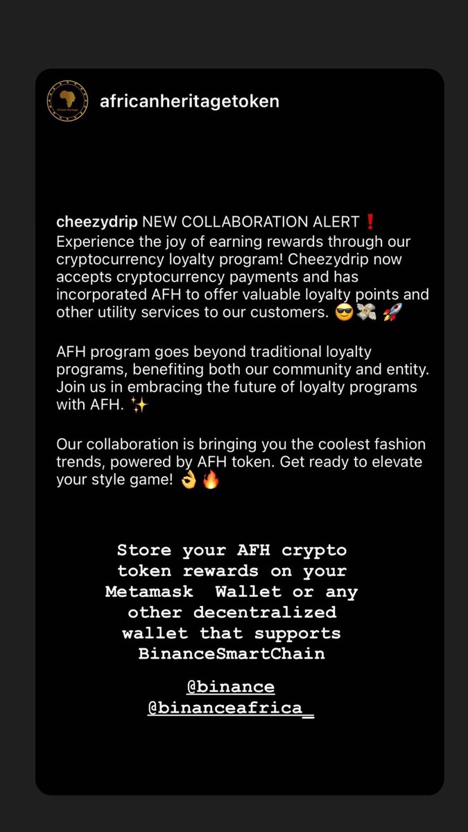 #FashionMeetsCrypto 
#DripInStyle 
#cryptocurrency 
#loyaltyprogram 
#Cheezydrip #africanheritagetoken #EmpoweringOurCommunity
#BeyondLoyaltyPrograms
#cryptoloyalty
#loyaltyprogram
#blockchain
#crypto
#community
#customerloyalty 
#innovation
#blockchainrewards
#cryptoenthusiast