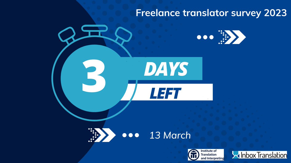 Inbox Translation (@inboxtranslate) on Twitter photo Time is running out! Our survey on freelance translator rates is closing on Monday! Don't miss the opportunity to share your insights. 
surveymonkey.co.uk/r/freelance-tr… 
w/ @ITIUK Time is running out! Our survey on freelance translator rates is closing on Monday! Don't miss the opportunity to share your insights. 
surveymonkey.co.uk/r/freelance-tr… 
w/ @ITIUK