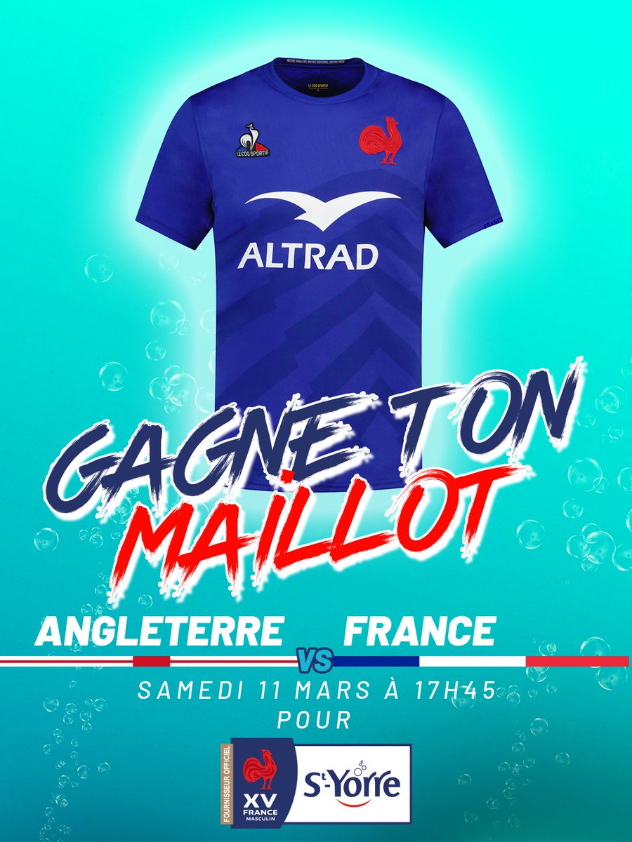 styorreFR's tweet photo. 💥Gagne le maillot du #XVdeFrance !

St-Yorre, Partenaire des Bleus depuis 25 ans, vous offre un maillot des Bleus à l'occasion du 𝐂𝐑𝐔𝐍𝐂𝐇🤩

Pour jouer👉Follow @styorreFR + RT

#SoifdeVictoire #ANGFRA #concours https://t.co/Gx3xFrYSna