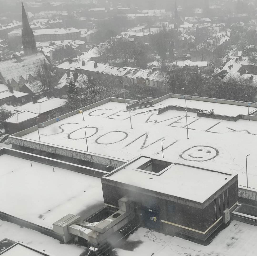 #youth are the folk devils of our society - Kids in Sheffield leave a message in the snow so it can be seen by patients in the hospital opposite. #brilliant
