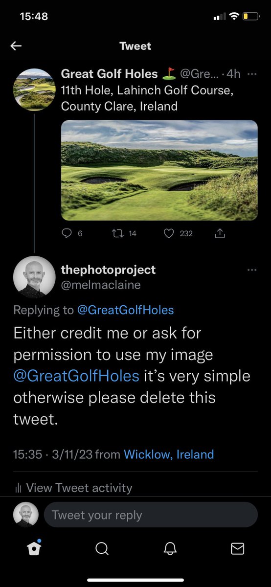 Gets a bit tiring when an account @GreatGolfHoles with over 55k followers don’t have the decency to simply credit you or ask for permission to use your image. It’s not the first time and they credit nobody, poor form. Please delete this tweet and don’t use any of my images