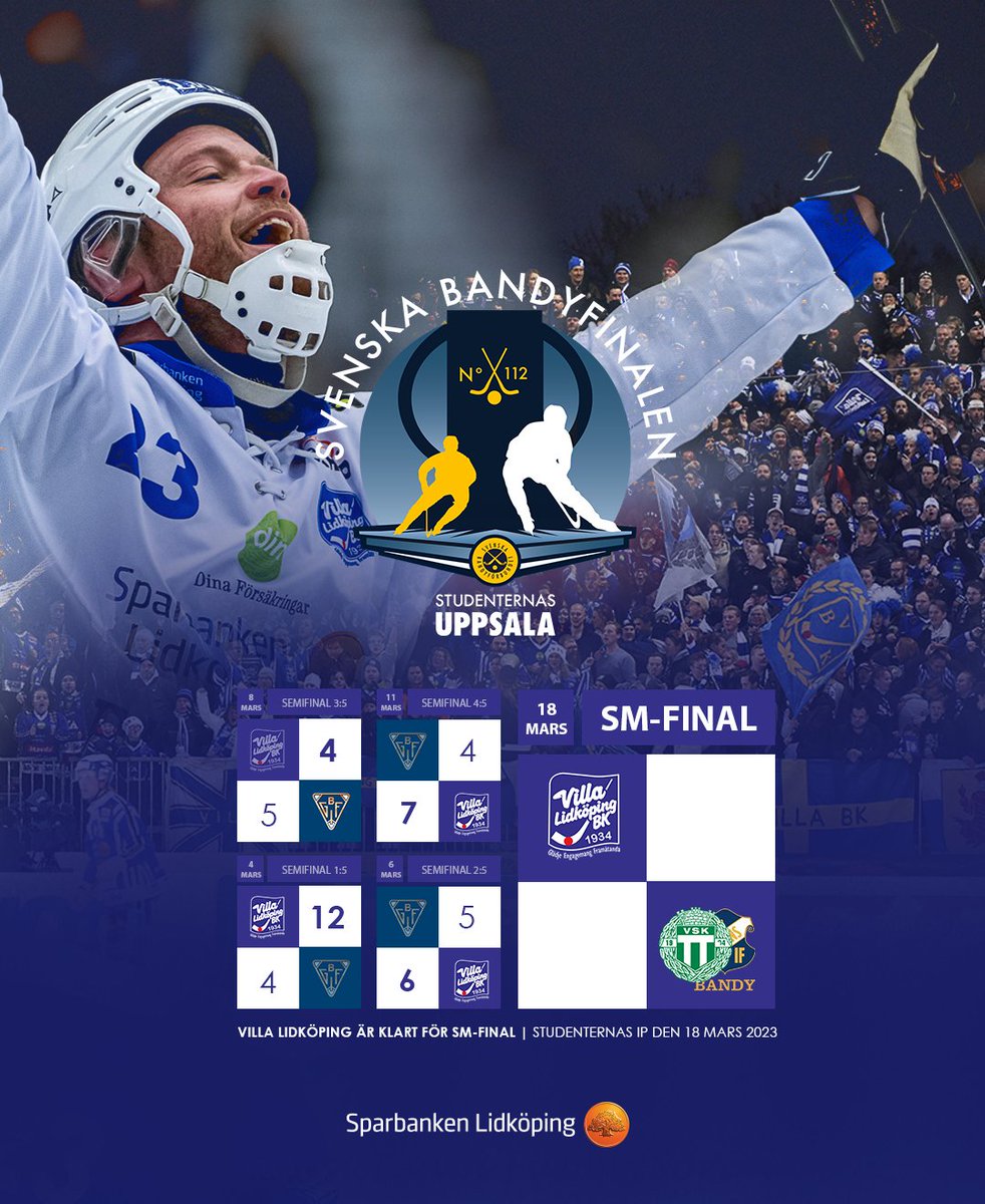 vlbk_officiella's tweet photo. VILLA LIDKÖPING SLÅR UT BOLLNÄS &amp; TAR SIG TILL SM-FINAL! 💙 

Det blir en finalhelg med både dam- och herrlaget den 17-18 mars på Studenternas IP 🏆

#vlbk #svbandy
#lidköping https://t.co/BGj1MGqvKR