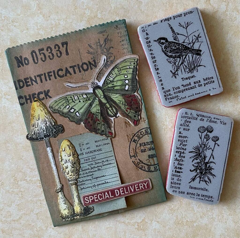 Day 14: a wee kraft envelope with #timholtz ephemera &amp; stamping. Showing the stamps for scale. Now what shall I do with it? #the100dayproject #artjournal #mixedmedia #junkjournal #ephemera #the100dayproject2023 #100daysofkarensartshenanigans #stamping #m… instagr.am/p/CppzPz4uGYI/