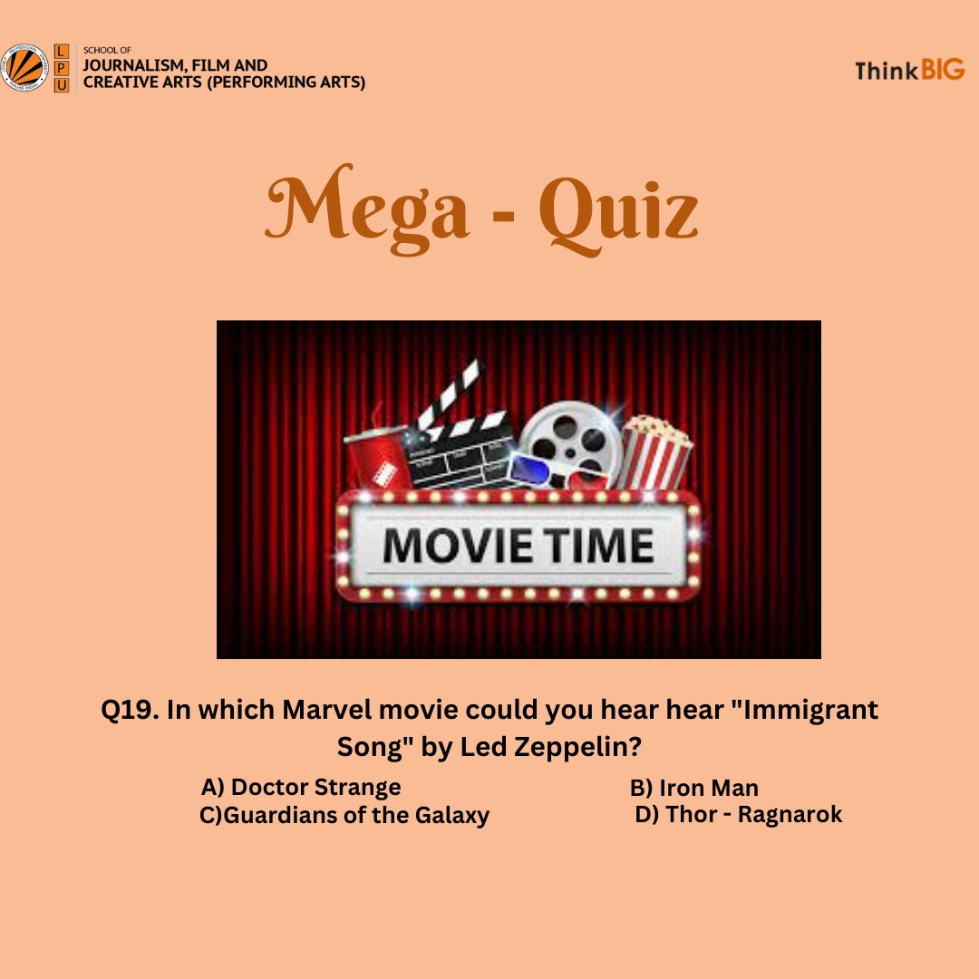 Mega-Quiz Competition 2023! 
on Instagram; instagram.com/lpuperforminga… 
The answer for yesterday’s quiz is B
Day-19th
Let's continue the game…

#lovelyprofessionaluniversity #Music #Theatre #Performingarts #musiccompetition  #socialsciences #quizcompetition #megaquiz