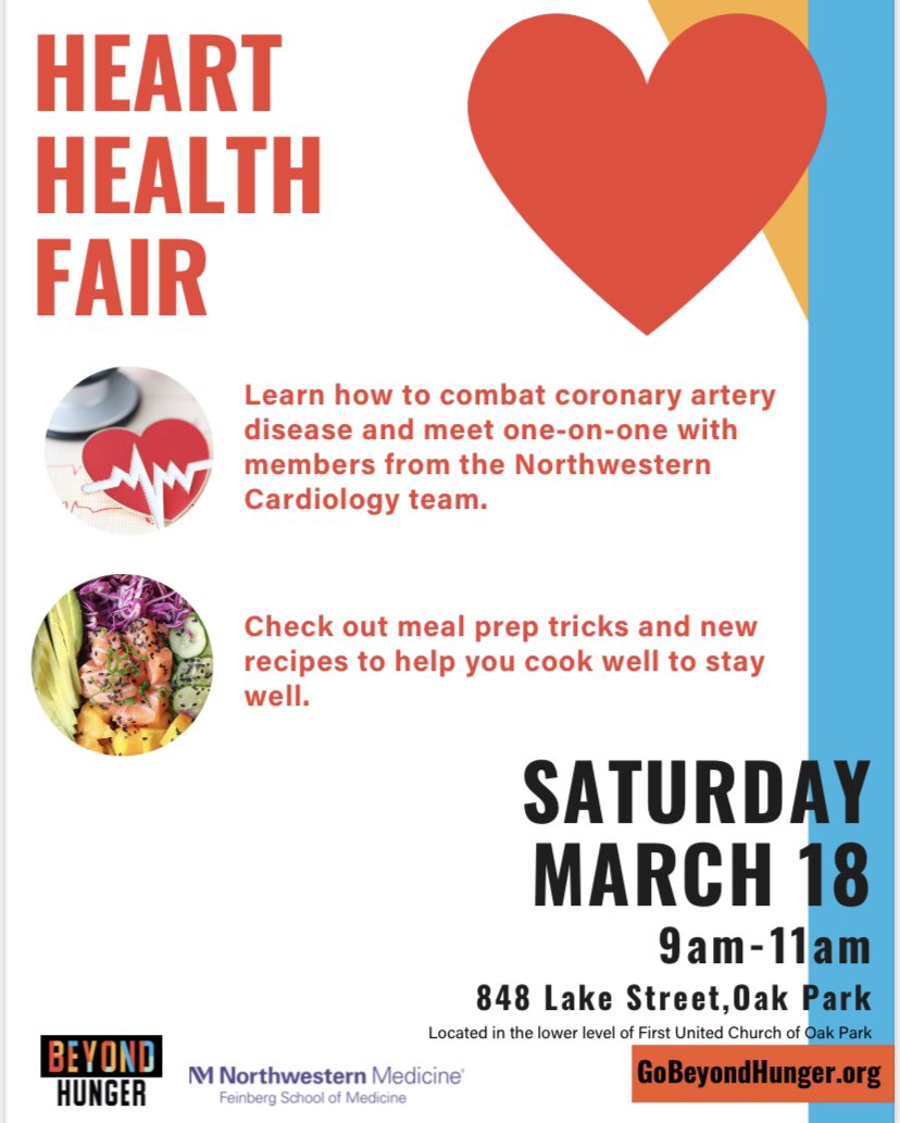 Excited to join @gobeyondhunger for a ❤️ health fair event in 1 week! We’ll discuss HTN (@JHourmozdi) DM (#PeterGlynn) tobacco use (#KelleyChen) exercise (#AlbertLiu) & meal prep tips led by Beyond Hunger nutritionists. @docbfreed @WeAreNUHeart @NMCardioVasc @NorthwesternMed