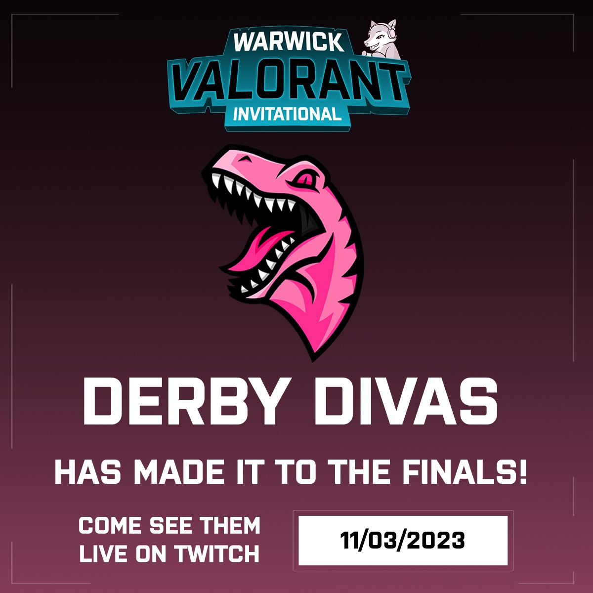 UoD Video Games & eSports (@derbyraptors) on Twitter photo Come support our W&NB team in the finals of the <a href="/warwickesports/">Warwick Esports</a> Valorant Invitational!
Huge thank you to <a href="/chillblast/">Chillblast</a> for supporting the tournament as well!
Watch here: here:twitch.tv/warwickesports Come support our W&NB team in the finals of the <a href="/warwickesports/">Warwick Esports</a> Valorant Invitational!
Huge thank you to <a href="/chillblast/">Chillblast</a> for supporting the tournament as well!
Watch here: here:twitch.tv/warwickesports