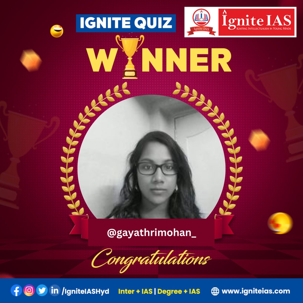 IasIgnite's tweet photo. Congratulations to @gayathrimohan_ for being the winner of #IgniteIASQuiz 🎉 🎉 🤩 🤩 

#Igniteias #InterwithIAS #DegreewithIAS #DirectIAS https://t.co/TFHn8h0QWY