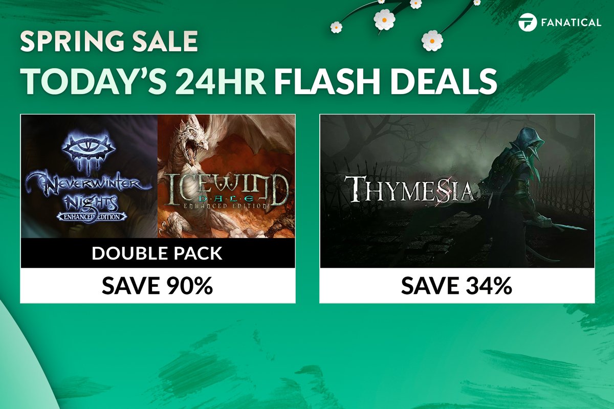 Fanatical's tweet photo. ⚡ Today's set of Flash Deals are #Thymesia at a 33% discount and #NeverwinterNights + #Icewind at a whopping 90%! #gamedeals Thymesia: https://t.co/wxyaMvXF2r Neverwinter: https://t.co/Tbs4nJEI1Z https://t.co/SqpZXS8TMW