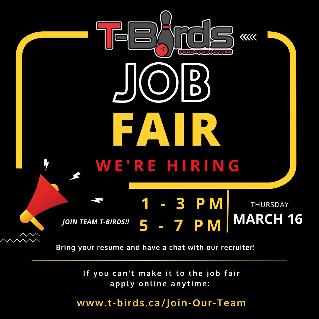 T_Birds_'s tweet photo. Looking for a new opportunity in a fun-filled dynamic environment?

Join us for a Job Fair Thursday, March 16th, 2023, at 1 - 3 pm or 5 - 7 pm. 

Please bring your resume and have a chat with our recruiter. If you can't attend the job fair, apply online anytime here! https://t.co/tbHEDhPNJs
