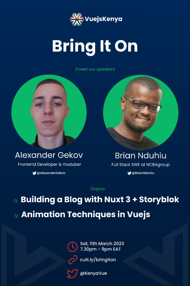 KenyaVue's tweet image. 📢 It&apos;s almost time for the Vue JS Kenya Meetup! 🚀 RSVPs, check your inbox now for the link to join the virtual meetup starting at 7:30pm and get ready to network and learn with fellow Vue JS enthusiasts. #VueJSKenya #VirtualMeetup #BringItOn