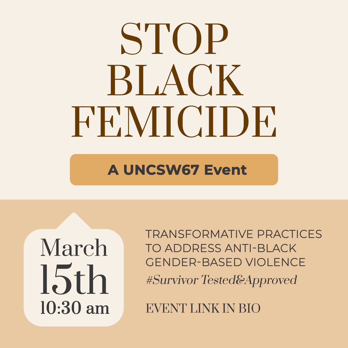 WomenatcentrE's tweet photo. Join us on March 15th at 10:30am for Stop Black Femicide: A UNCSW Event, where we will be discussing transformative practices to address anti-Black gender-based violence. 📆

Don’t miss this amazing event! Purchase your tickets now: https://t.co/0liBgBWWtt https://t.co/8eQCVc5WiV