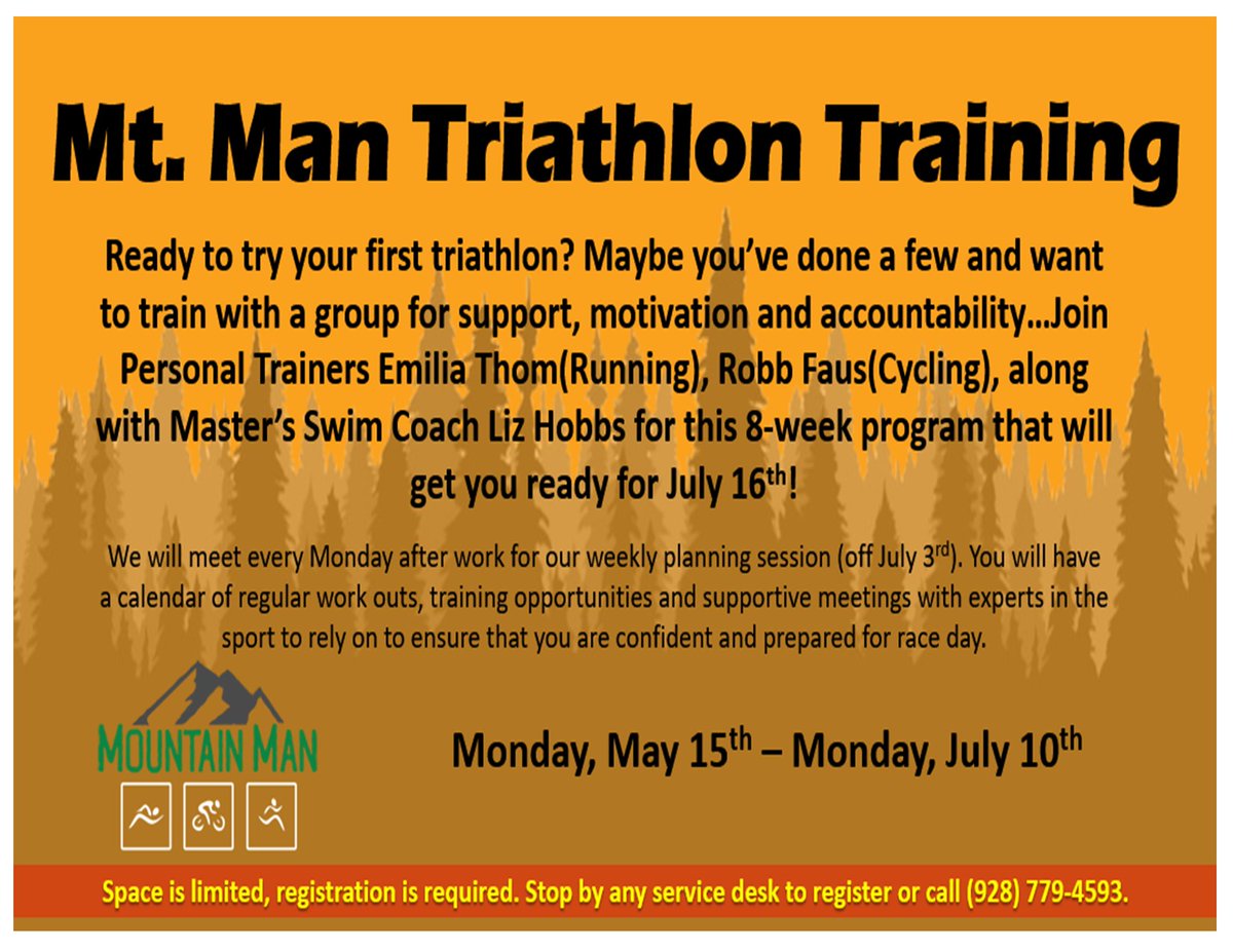 FlagAthClub's tweet photo. Mt. Man Triathlon Training is starting up again soon! It will be an 8-week program that will help you get ready for race day on July 16th! Register at any service desk or give us call! https://t.co/Lh71e4L4zK