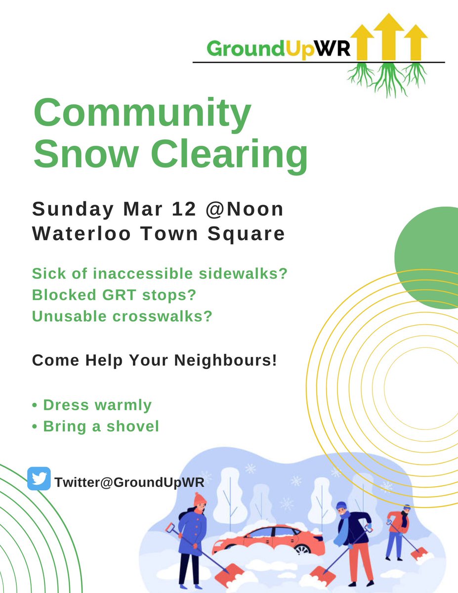 GroundUpWR's tweet photo. Tomorrow at noon we're meeting at Waterloo Town Square to check out some of the most inaccessible spots. We're aiming to end around University and King to grab food. 
Feel free to join us or lead your own shovel in your neighbourhood. Send us pics and we will submit to cities! https://t.co/8Do8mjJdbX