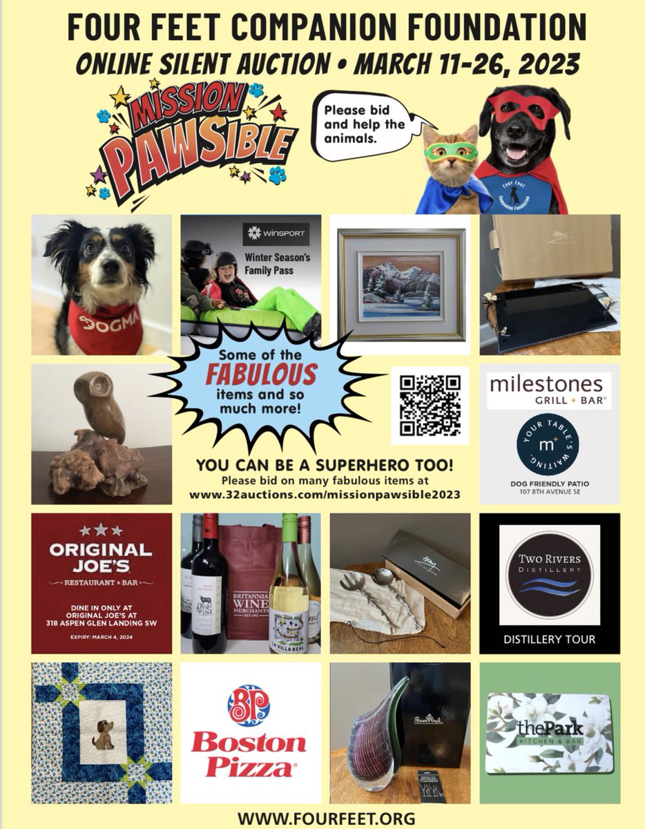 Our “Mission Pawsible” online auction is live! Check out the 100 items available - including gift cards, experiences, pet supplies &amp; artwork - and place your bids to help animals! The auction ends on March 26 at 8pm MT⏳ #yyc #yycdogs #yyccats #yycevents 32auctions.com/organizations/…