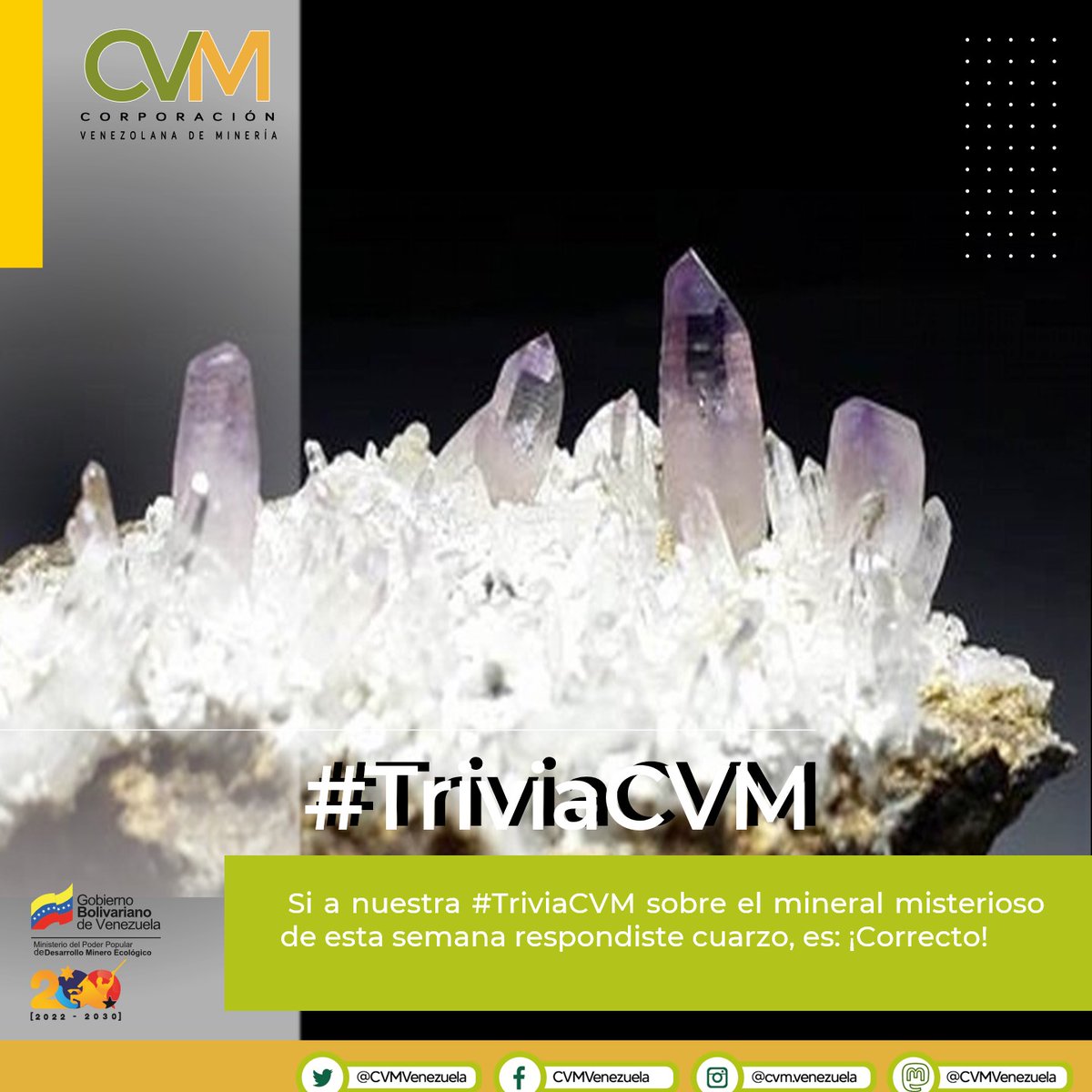 cvm_ve's tweet photo. Si a nuestra #TriviaCVM sobre el mineral misterioso de esta semana respondiste cuarzo, es: ¡Correcto!
Si respondiste amatista, citrino, calcedonia o ágata, ojo de tigre, ónix, también acertaste porque son formas de cuarzo. Así de versátil es este mineral.
#11Mar
#SoleimaniVive https://t.co/KiwyDgrzfu