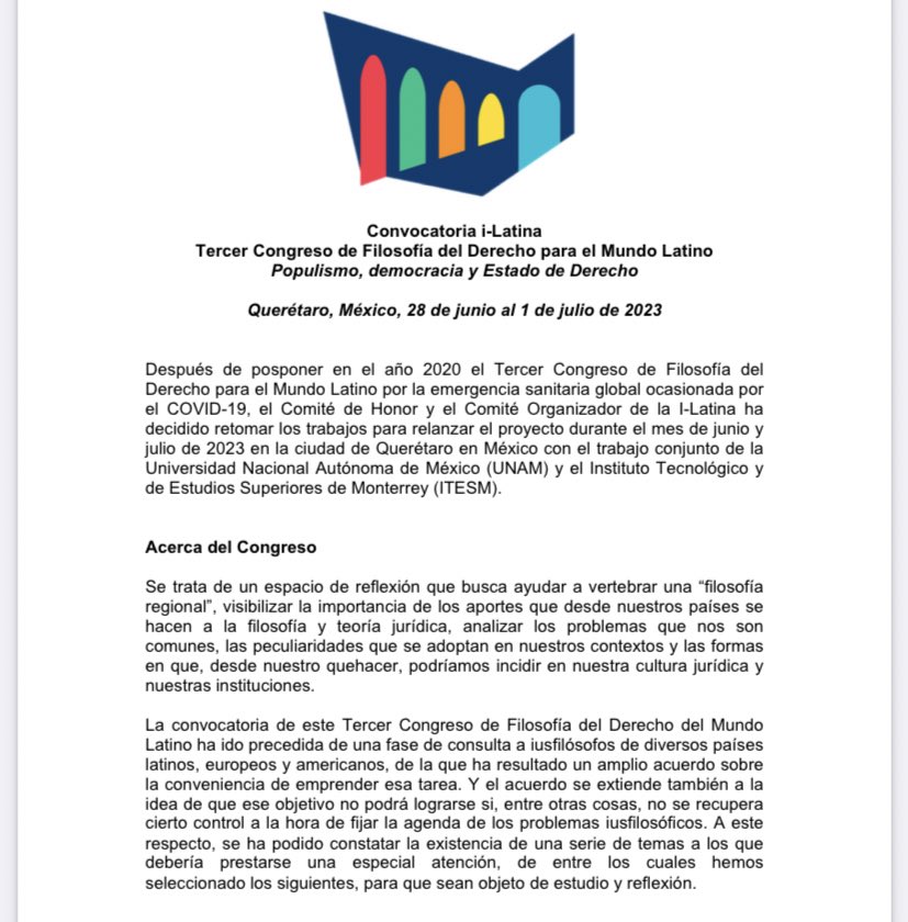iuslatina's tweet photo. Consulta la convocatoria para el Tercer Congreso de Filosofía del Derecho para el mundo Latino

Tienes hasta el 3 de abril para enviar tu ponencia al correo: ilatina@unam.mx https://t.co/vVJcOYMory