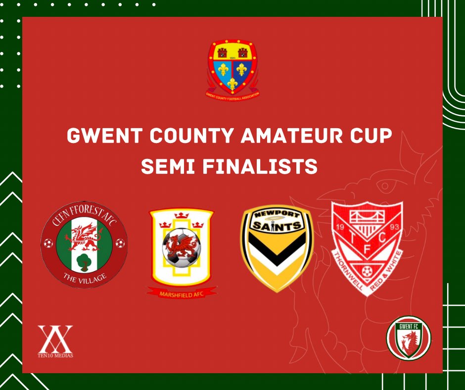 Here are your final 4 in the <a href="/GwentCountyFA/">Gwent County Football Association</a> Amateur Cup!

<a href="/CefnFforestAFC/">Cefn Fforest AFC</a> <a href="/MarshfieldAFC/">Marshfield.AFC</a> <a href="/NewportSaintsFC/">Newport Saints FC</a> and <a href="/Thornwell_FC/">Thornwell Red & White FC</a> 

2 from Division One, One from Divisions Two and one from the Newport &amp; District league!

Who do you fancy for the trophy 🏆?