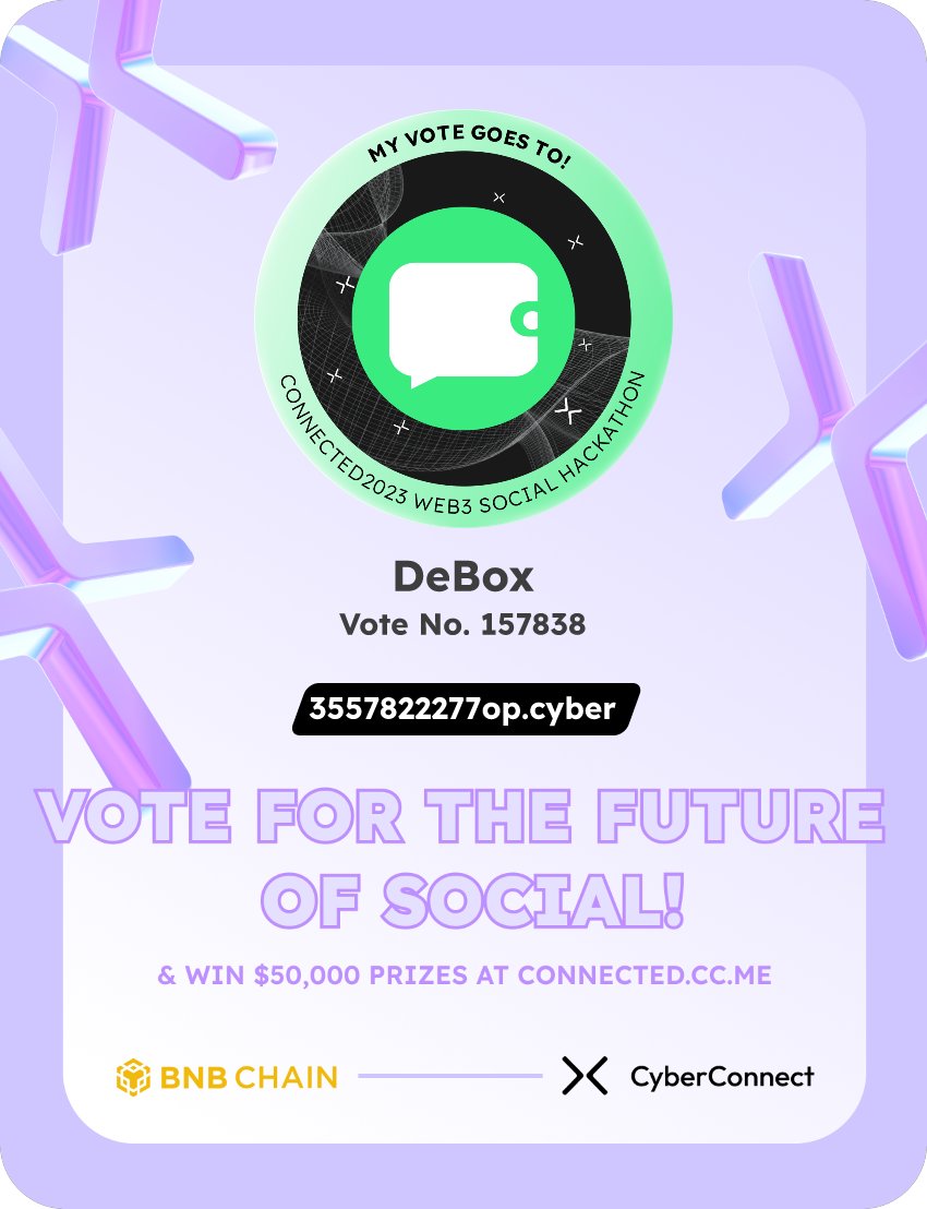 dindoleander1's tweet photo. Just voted for my favorite project DeBox in #Connected2023, a Web3 Social hackathon by @CyberConnectHQ the social graph protocol &amp; @BNBCHAIN
Join me to vote for a better social and win $50,000-$100,000 prizes!
https://t.co/Rz9tcBL9Fl
sig:1eiYEe 
  https://t.co/nG25efZSld https://t.co/rSxvZcTGNQ