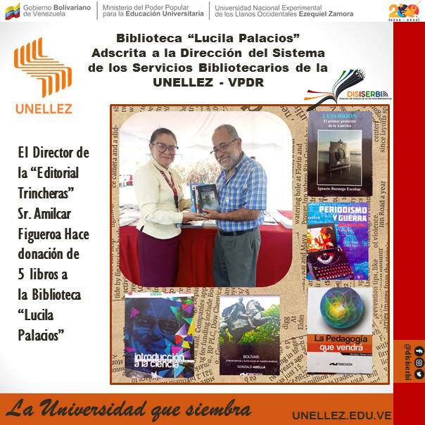 disiserbi's tweet photo. El día 10 de Marzo Donación por parte del Sr. Amilcar Figueroa Director de la “Editorial Trincheras” de la ciudad de Caracas, la cantidad de 5 libros, entre ellos “Introducción a la Ciencia” y “La Pedagogia.
#unellez
#vpdr
#disiserbi
#bibliotecasunellez https://t.co/QNo8olrmPA