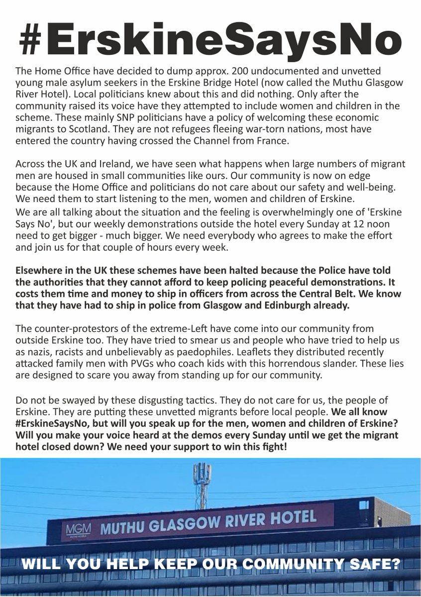KennySmithHP's tweet image. The latest #ErskineSaysNo leaflet that has been going out this week. If you want this migrant hotel closed down, get yourself to Erskine tomorrow.