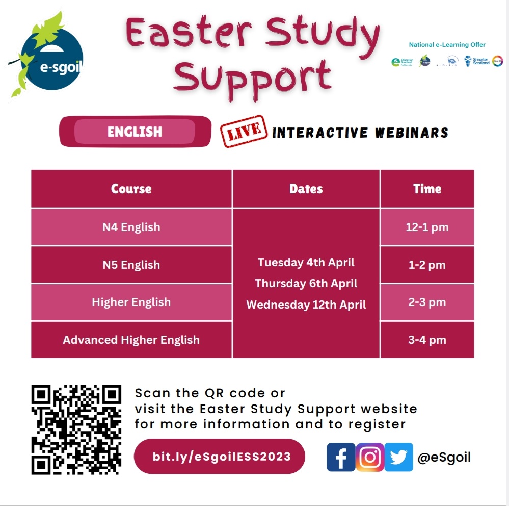 .<a href="/eSgoil/">e-Sgoil</a> Study support for English at all levels. #EnglishScotland