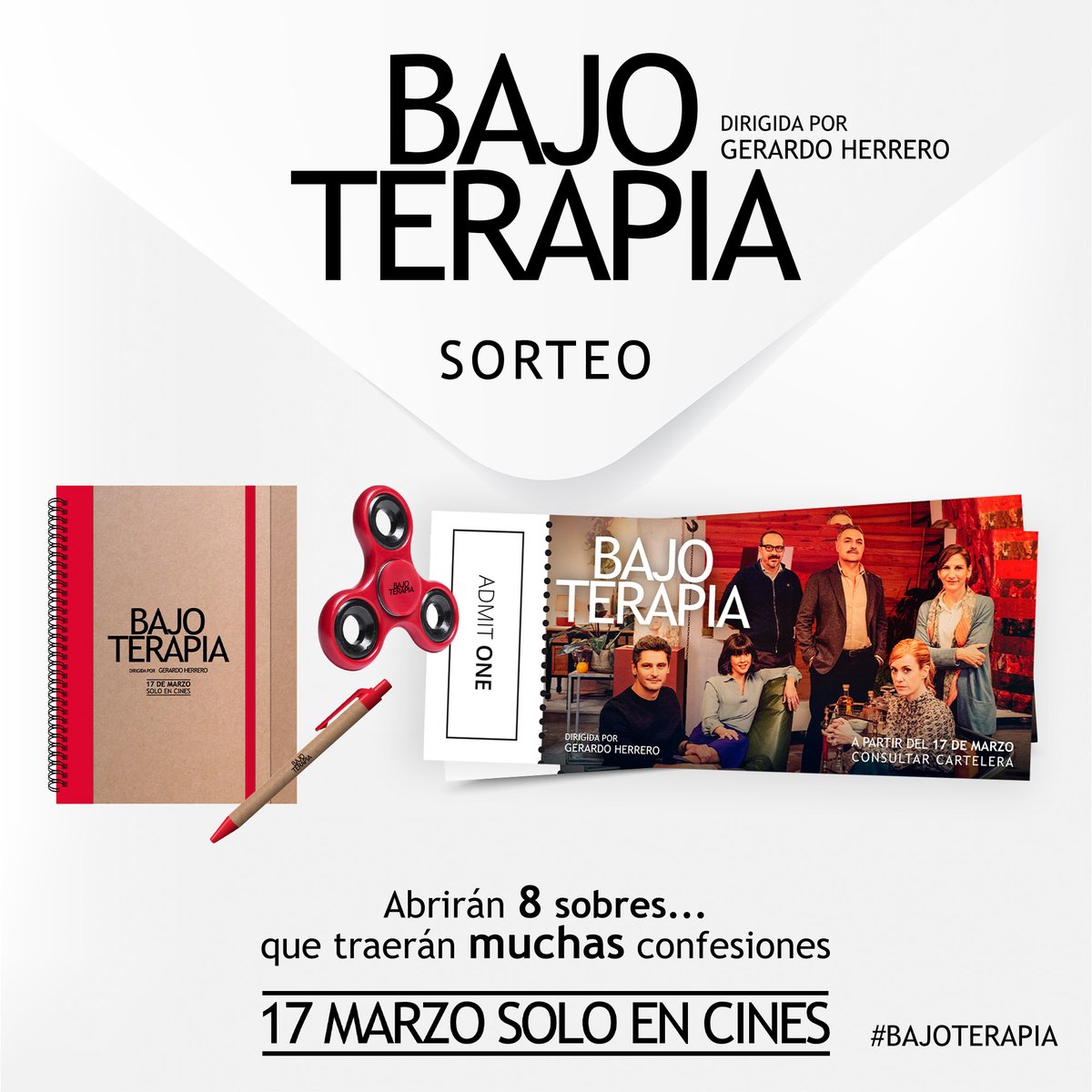 El 17 de marzo se estrena en cines #BajoTerapia, una comedia dramática escrita, dirigida y producida por Gerardo Herrero, y tenemos packs para vosotros de la película.

Participa:
1⃣ Sigue a <a href="/noescinetodo/">No es cine todo lo que reluce</a> y <a href="/TornasolMedia/">Tornasol Media</a>
2⃣ RT
3⃣ Cita un amigo

Bases:
noescinetodoloquereluce.com/2023/03/sorteo…