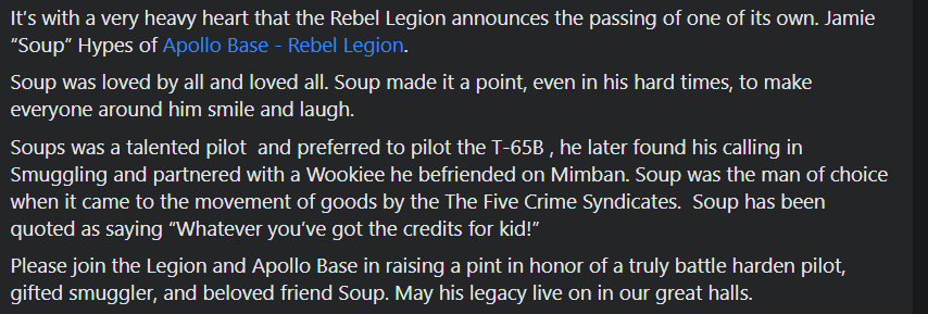 rebellegion's tweet photo. It’s with a very heavy heart that #RebelLegion announces the passing of one of its own. Jamie “Soup” Hypes of #ApolloBase. Buckets off & lightsabers raised in his honor. https://t.co/qQE2FRxGsx