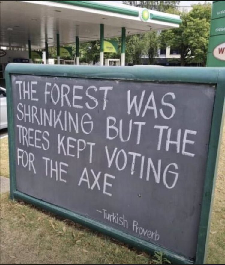 "The forest was shrinking, but the trees kept voting for the axe."

This Turkish proverb summarises it all.