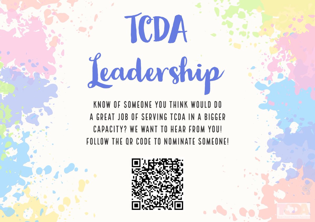 Know of someone you think should serve TCDA in a bigger capacity (Committee Member, Committee Chair, and/or Board of Directors)? Use our new nomination form to nominate someone!

Direct Link: cognitoforms.com/TexasChoralDir…