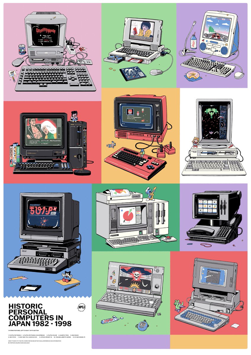 400facts's tweet image. Since #RetroComputing is trending it feels like I’d be remiss not to post some retro computing artwork, so, here’s my illustration of the most interesting computer designs from Japan during the late 20th century:
