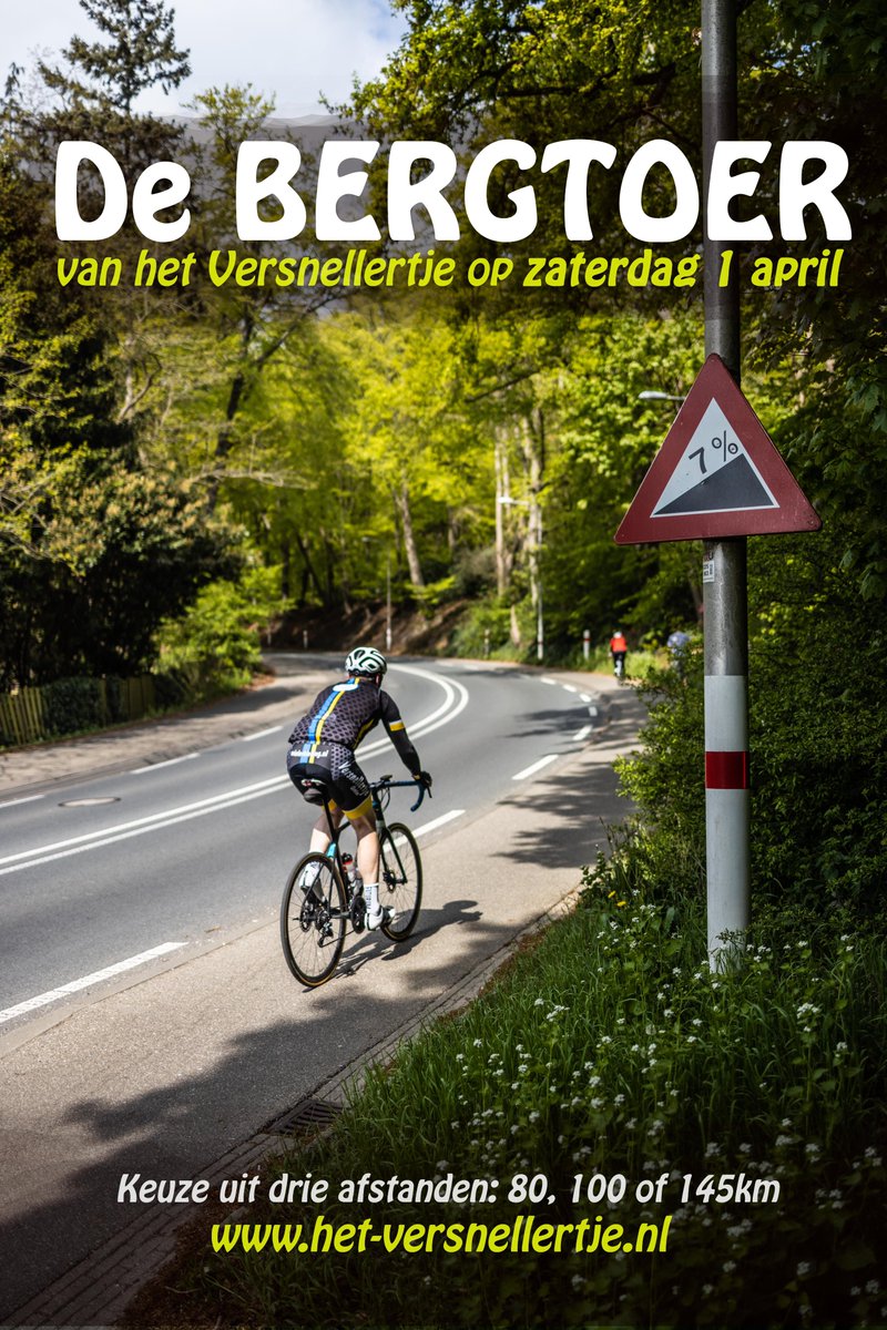 DE BERGTOER

Drie weken nog maar tot de volgende toertocht van het Versnellertje. De Bergtoer is een toertocht met een flink aantal hoogtemeters. Prachtig om als 'toertocht' te rijden, maar ook ideaal als training voor bijvoorbeeld de Amstel Gold Race.