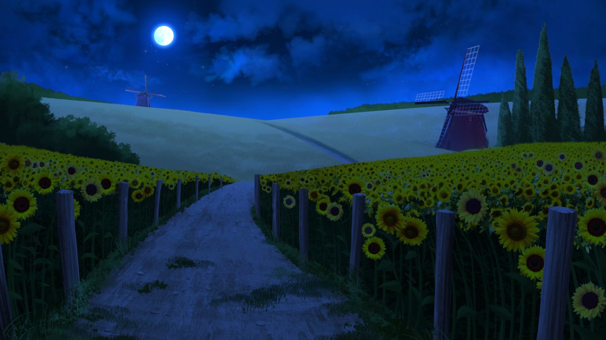 ToombsKory's tweet photo. A beautiful sunflower field at night time. (Artwork commissioned by gin-1994.) #gamedev #indiedev #indiegame #screenshotsaturday #visualnovel #visualnovelmaker #vnmaker https://t.co/UwxtUn1fmc