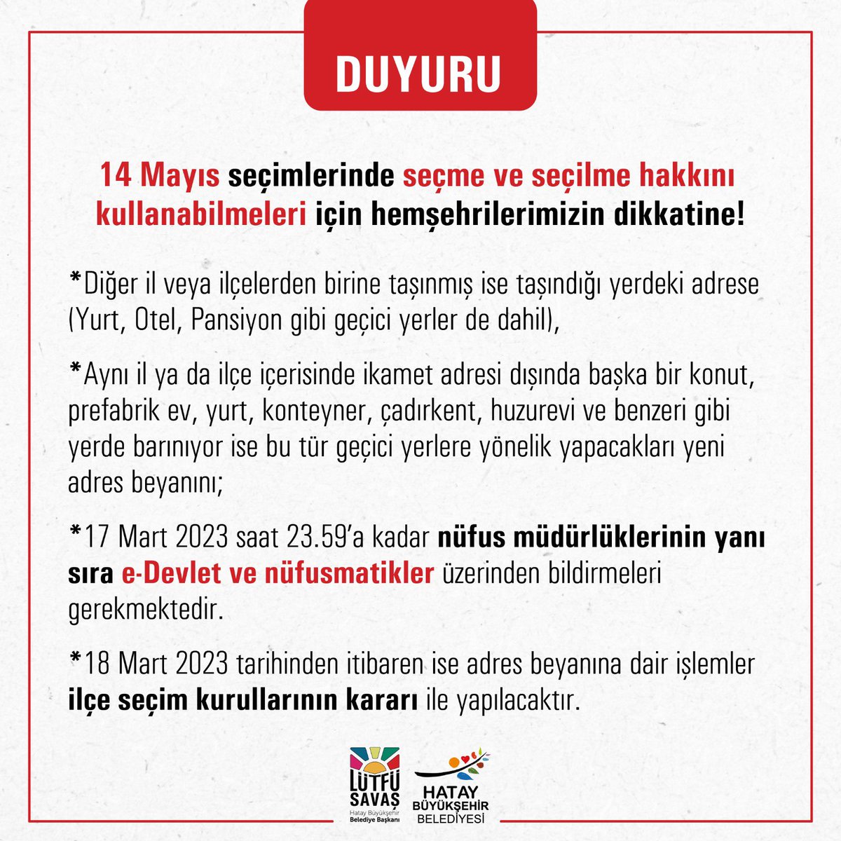 HatayBSB's tweet photo. Kıymetli hemşehrilerimiz,
14 Mayıs seçimlerinde seçme ve seçilme hakkınızı kullanabilmeniz için yapılması gereken işlemler bulunmaktadır. 
Dikkatinize‼️ https://t.co/9AUH6N8Wd7