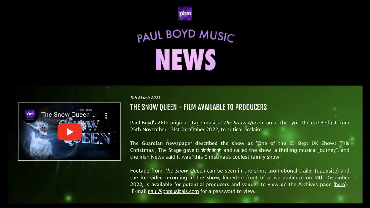 “The Snow Queen” special filmed live performance is now available to stream online for professional producers and venues.

For details check out the latest news on the web site at pbmusicals.com/news