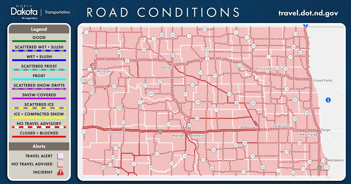 ⚠️All of North Dakota is under a No Travel Alert. I-94 between Jamestown and the MT border remains closed, as well as US 52 from Jamestown to Minot. 
Please stay safe and do not travel. Watch our map at travel.dot.nd.gov for the latest. #ndwx #NDRoads #KnowBeforeYouGo