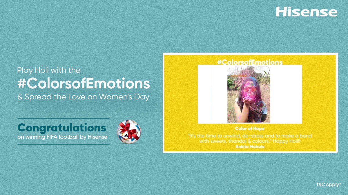 Hisense_IND's tweet photo. Thrilled to announce Ankita Mohale as the winner of the official FIFA football! Thank you for participating in the Hisense #ColorsofEmotions and sharing your hopeful and positive memory on Holi and Women’s Day!
#HisenseIndia #HisenseHoliContest https://t.co/4kXrw3bLSJ