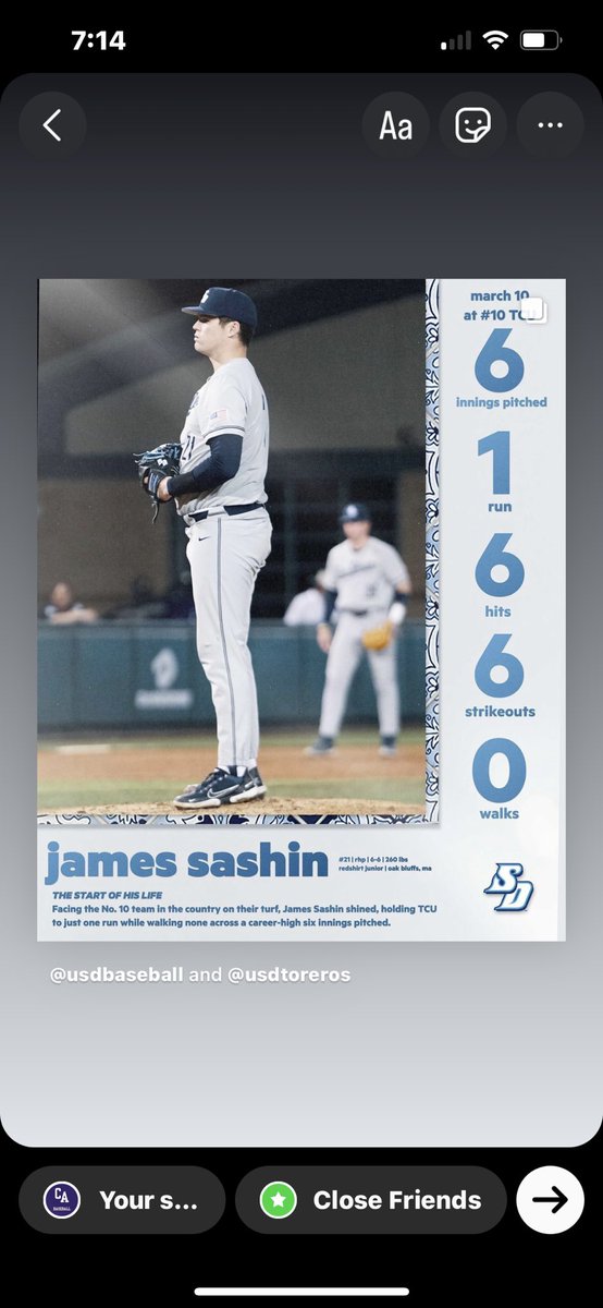 James Sashin ‘18 with a big outing for @USDToreros against @TCU_Baseball #CushingBaseball #penguinpride🐧