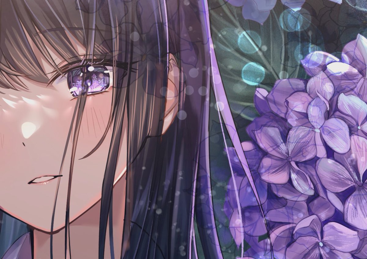 1girl solo flower purple eyes parted lips long hair bangs  illustration images