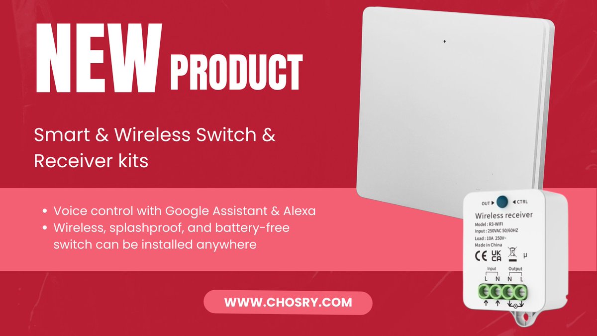 Check out our latest new product launch!

Smart &amp; Wireless light switch kits

Smart lets you control your lighting with your voice via Google Assistant or Alexa.

Wireless switch means you can install it anywhere without the need to run any cables.

chosry.com/shop/ols/produ…