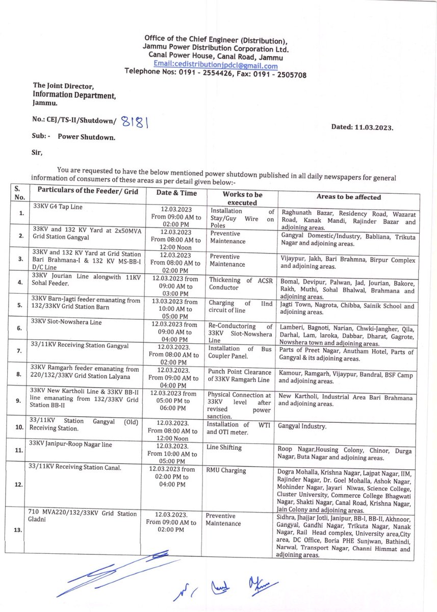 JPDCLofficial's tweet photo. Power Shutdown Notice!
@ShivAnantTayal @diprjk @infjammu @PIBSrinagar @xenedrajouri @StdEngineer @STD1JPDCL @ITJPDCL @CrossTownNews @JAMMULINKS @ddnews_jammu @radionews_jammu @jkchanneltv @PublishThe @ANI @State_Times @DailyExcelsior1 @jkmediasocial @FromTheDispatch @JammuJagran https://t.co/bGKgEOZ2DB