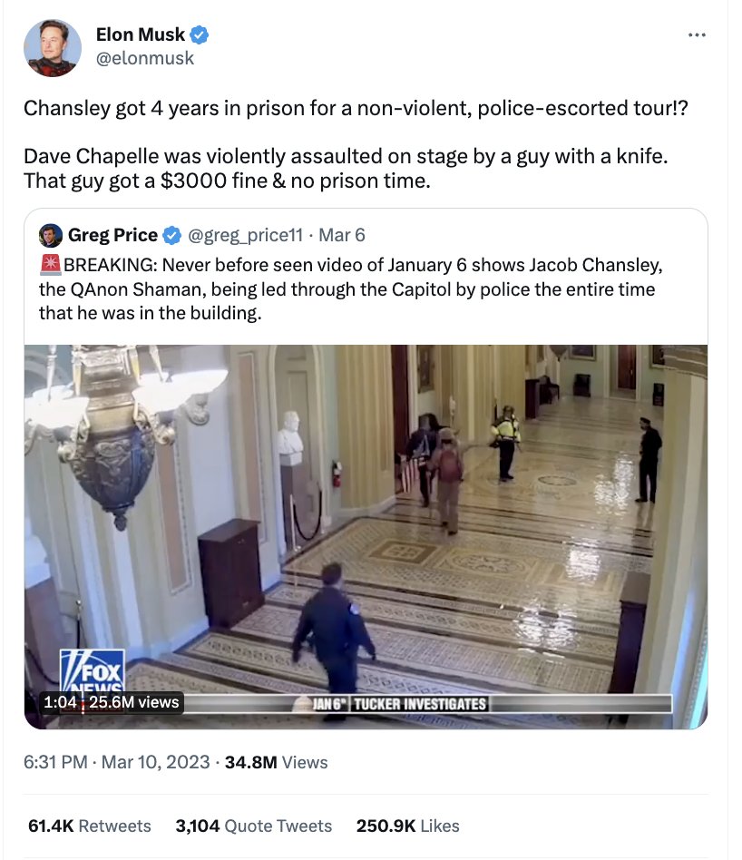 1. Fascinating that this Elon Musk tweet, falsely claiming the Qanon Shaman was sentenced for a "police-escorted tour," has 61,000 RETWEETS and no <a href="/CommunityNotes/">Community Notes</a>