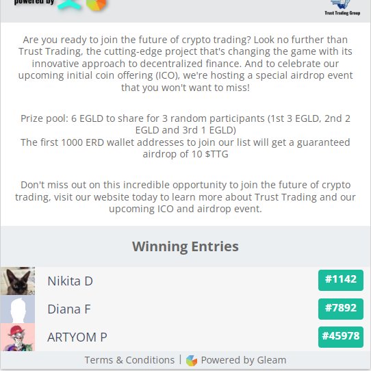 TrustTradingGr's tweet photo. Congratulations to the winners of our our $EGLD giveaway! Enjoy your #airdrop as well.

Thank you for participating and see you at the #ICO in just 4 days from now, on the 15th of March!

#giveaway #crypto #egld #multiversx #elrond #cryptogiveaway #cryptoaidrop #altcoins https://t.co/3WmcXUBvM2
