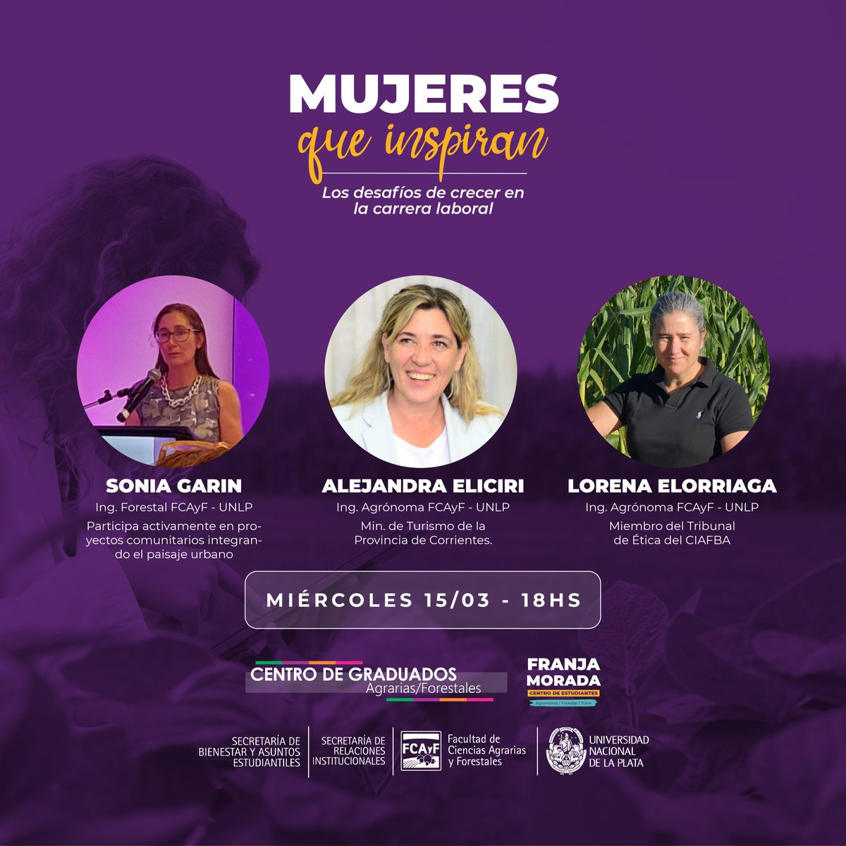 CEAFranjaMorada's tweet photo. En el marco del Mes de la Mujer llevaremos a cabo el panel Mujeres que Inspiran 👇
📅 Miércoles 15 de marzo a las 18hs
FRANJA MORADA 💜 - CALDÉN
CONDUCCIÓN CEAF
#MujeresQueInspiran #8M #MesdelaMujer #FranjaMorada #CEAF #FCAyF #UNLP https://t.co/B76RAujbI9