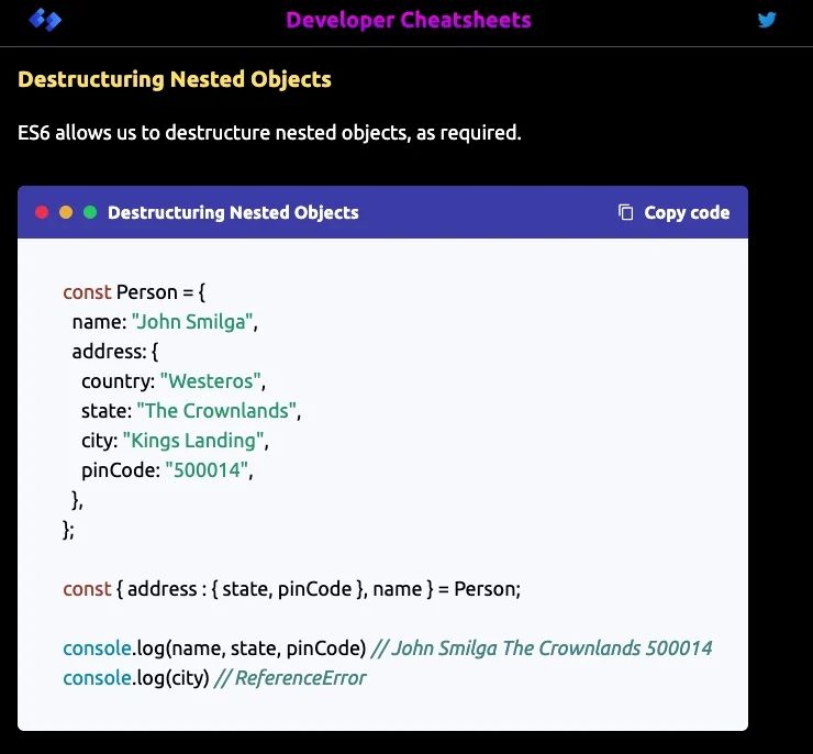DevCheatsheets's tweet image. Destructuring nested objects - daily dose of JS.

Web Dev cheatsheets @ developercheatsheets.com

#webdevelopment #developer #cheatsheets #javascript #programming #codingmemes